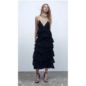 ZARA NWT Women’s Black Strappy Tiered Ruffled Midi Dress Evening Holidays, Small